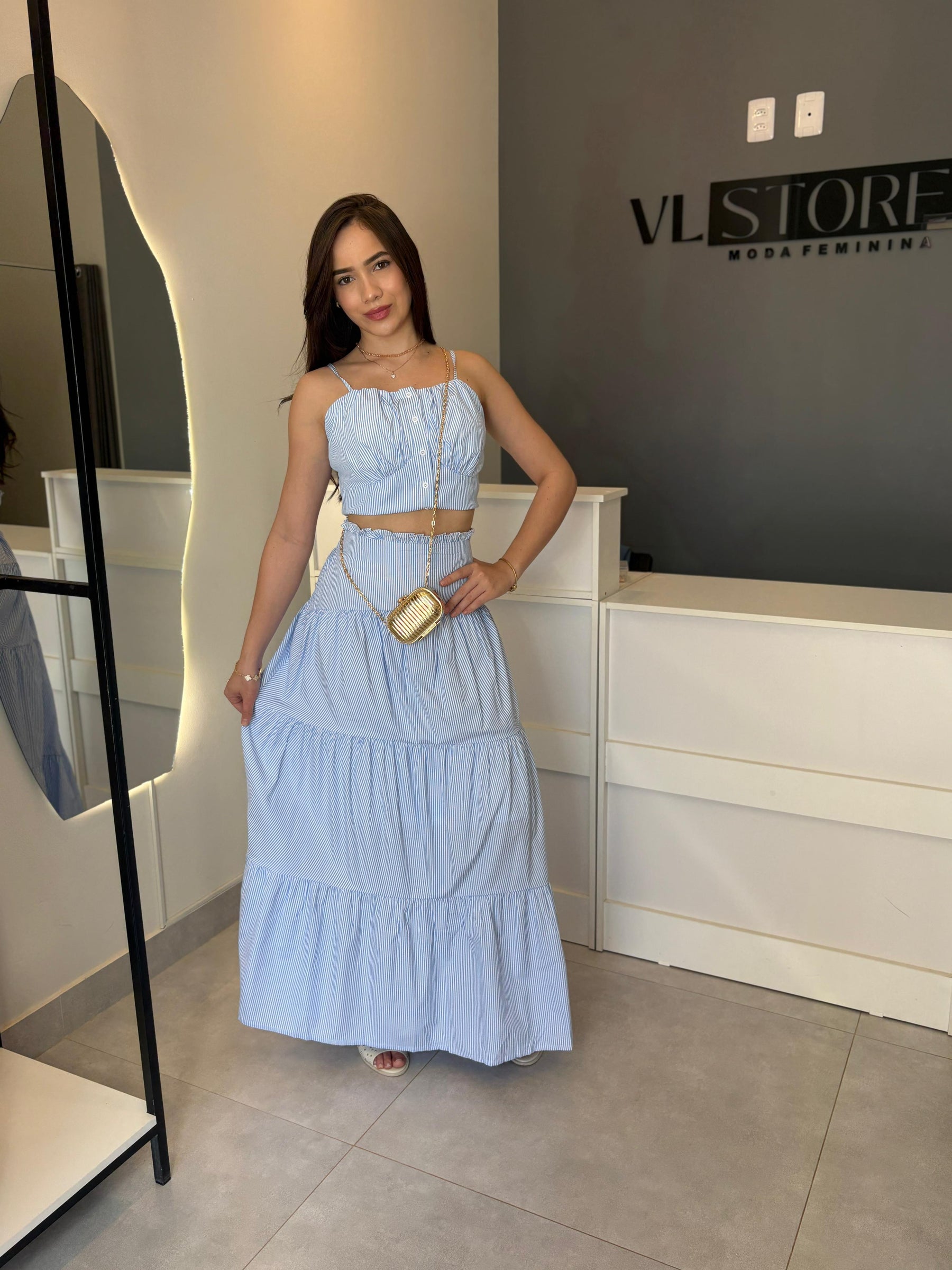 Conjunto Saia Longa Azul Listras Brancas