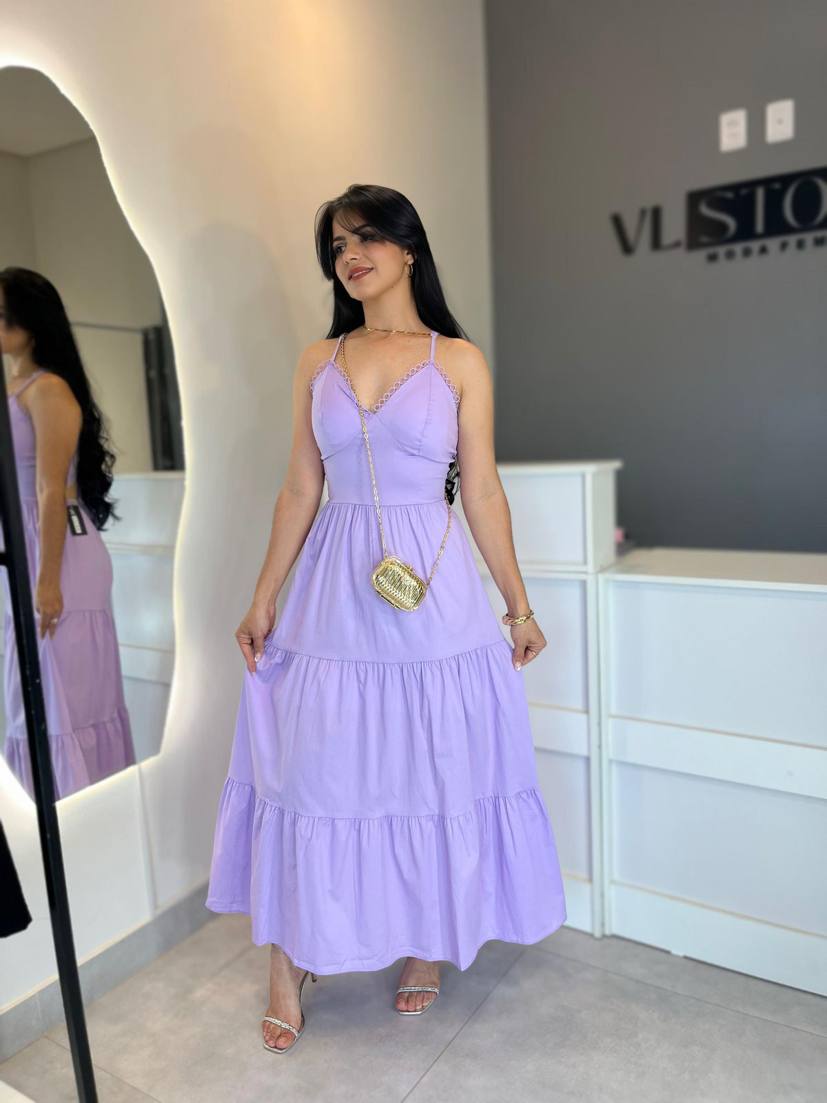 Vestido Longo Feminino em Tricoline com Alças Finas
